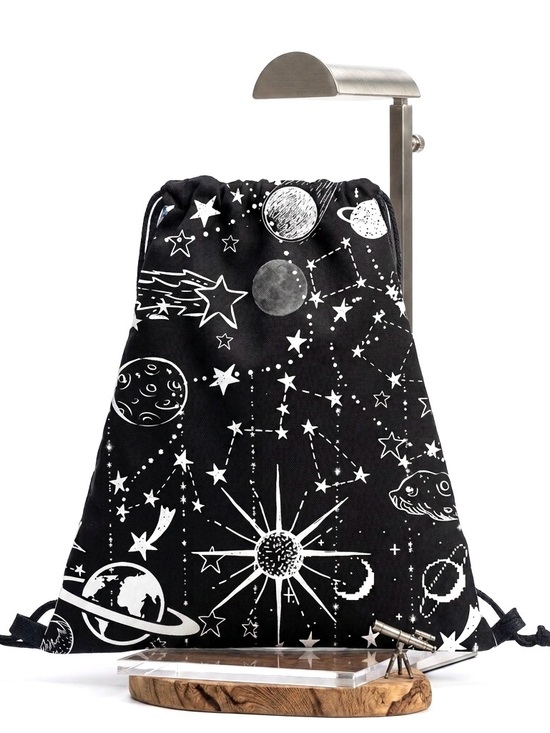 Hand Crafted Handbags - New Celestial Handmade Black White Drawstring Backpack Cinch Bag Water Resistant
